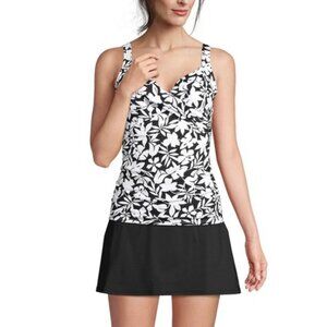 Lands End Long Torso Tankini Top Swimsuit Black Havana Floral Print Underwire 16